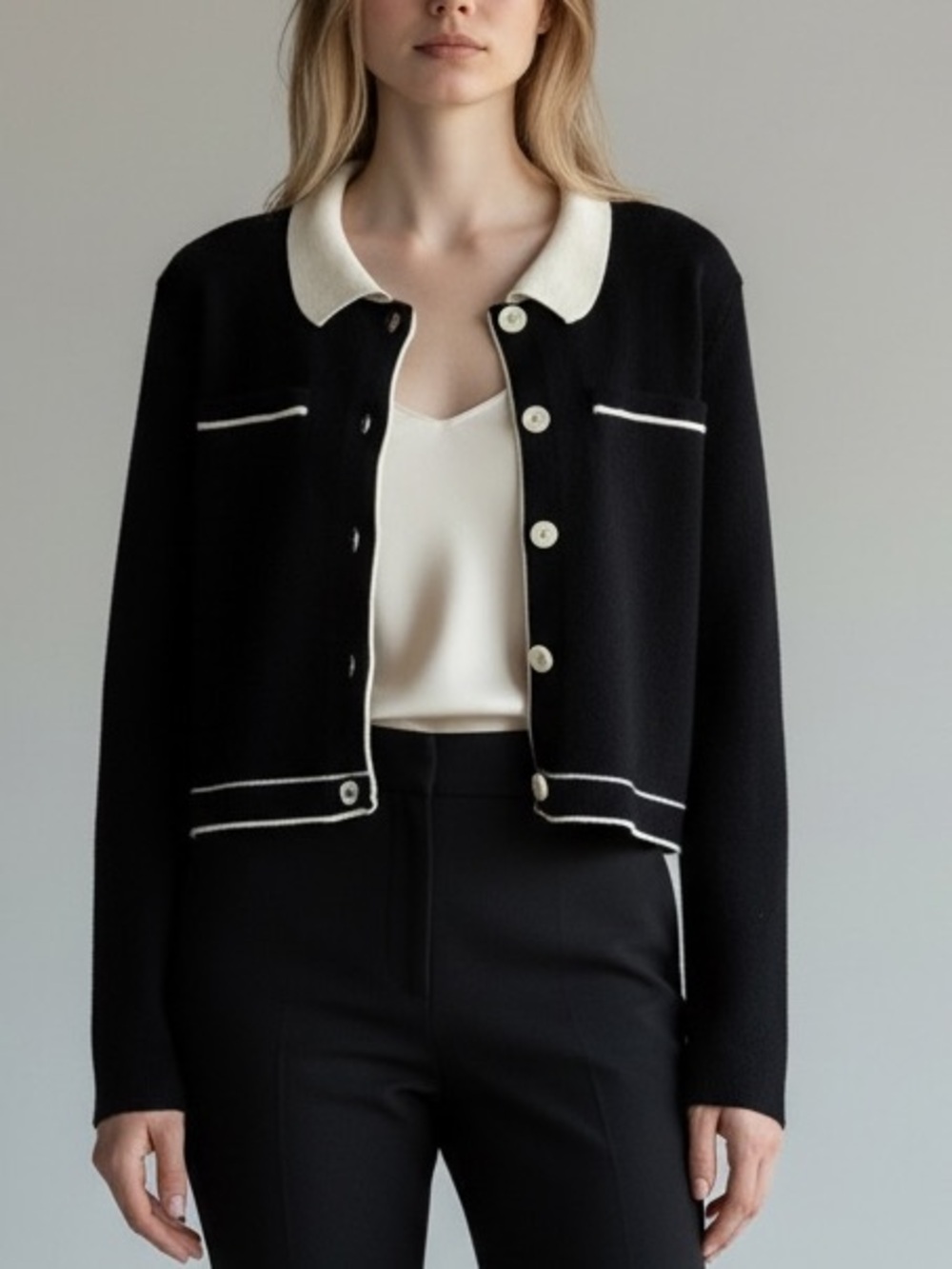 Oak + Fort Black and Cream Button-Front Women's Sweater Cardigan